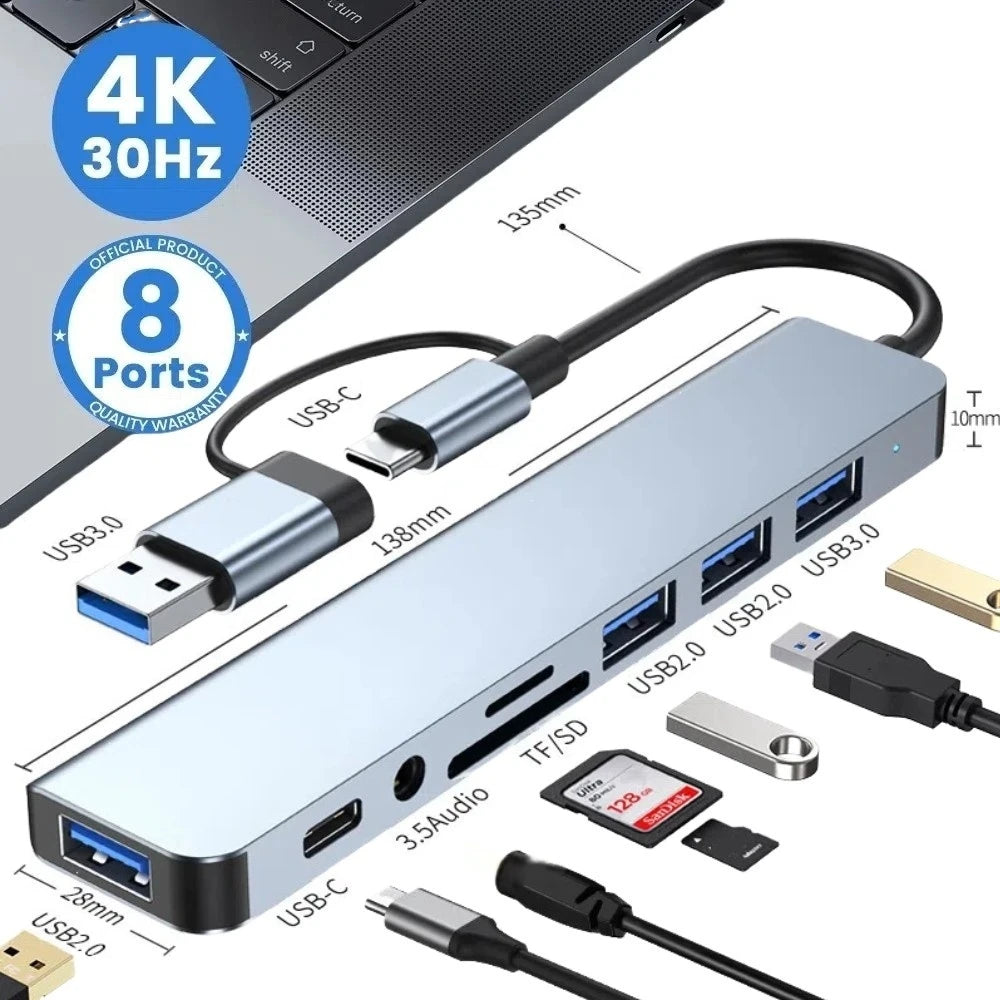 8 in 2 Multiport Adapter |Type USB C and USB 3 Hub Splitter Dock and Expander For All Smartphone, Tablet