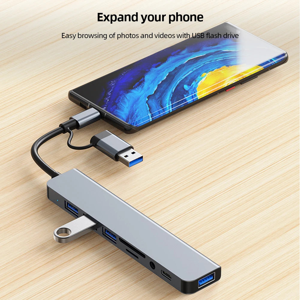 8 in 2 Multiport Adapter |Type USB C and USB 3 Hub Splitter Dock and Expander For All Smartphone, Tablet