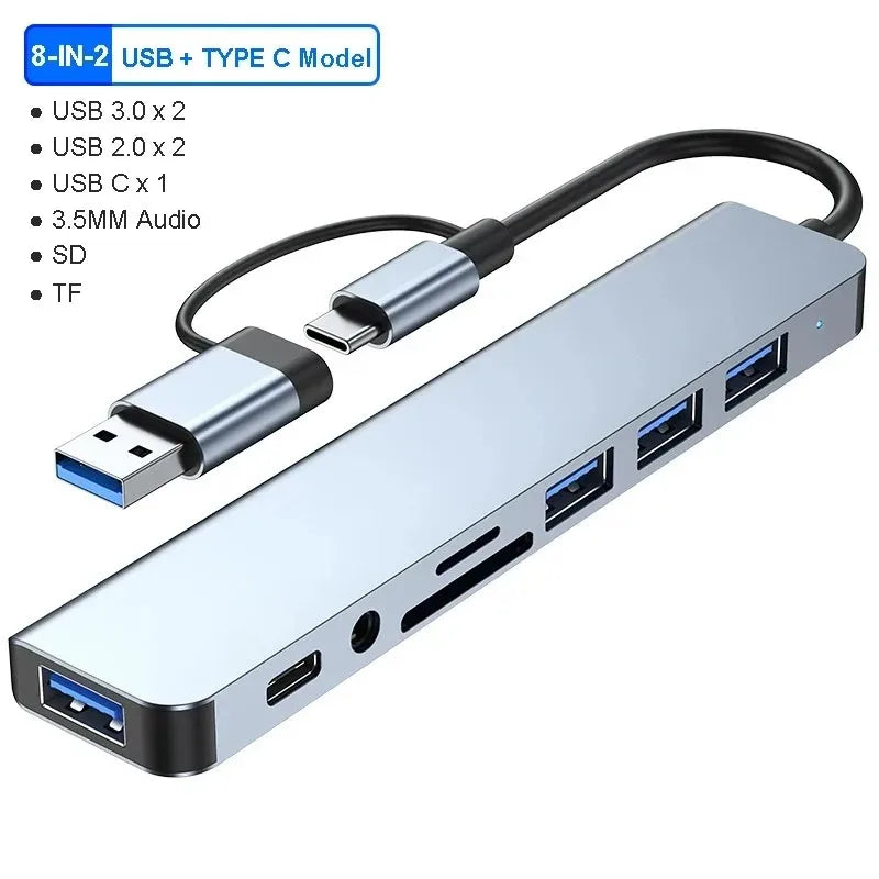 8 in 2 Multiport Adapter |Type USB C and USB 3 Hub Splitter Dock and Expander For All Smartphone, Tablet