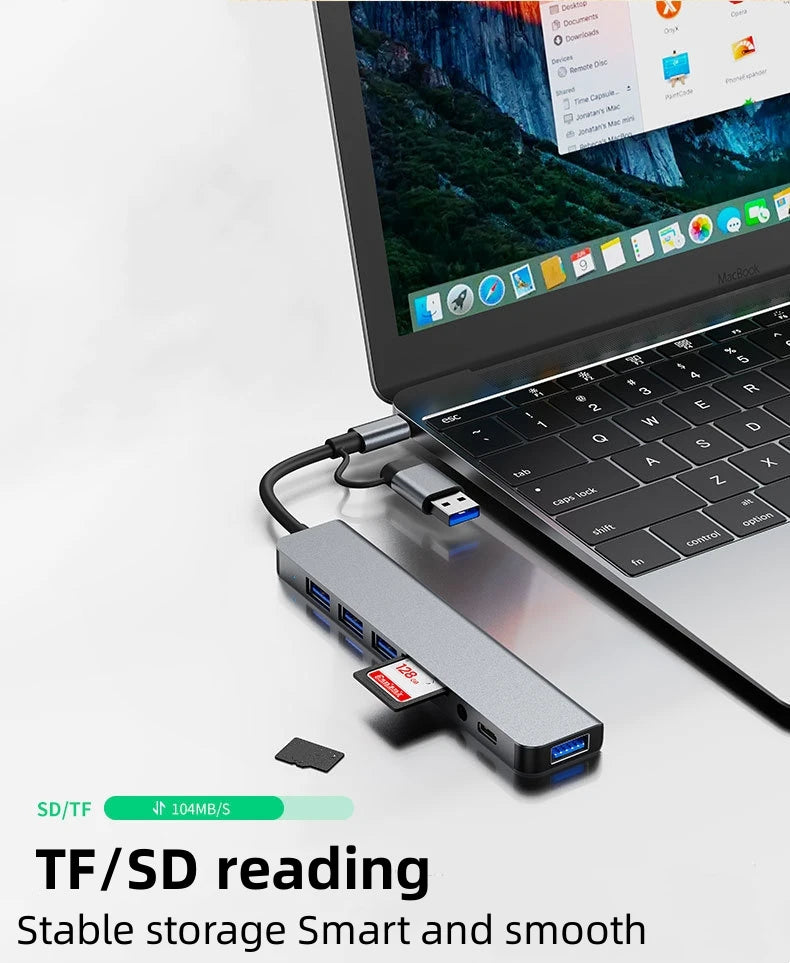 8 in 2 Multiport Adapter |Type USB C and USB 3 Hub Splitter Dock and Expander For All Smartphone, Tablet